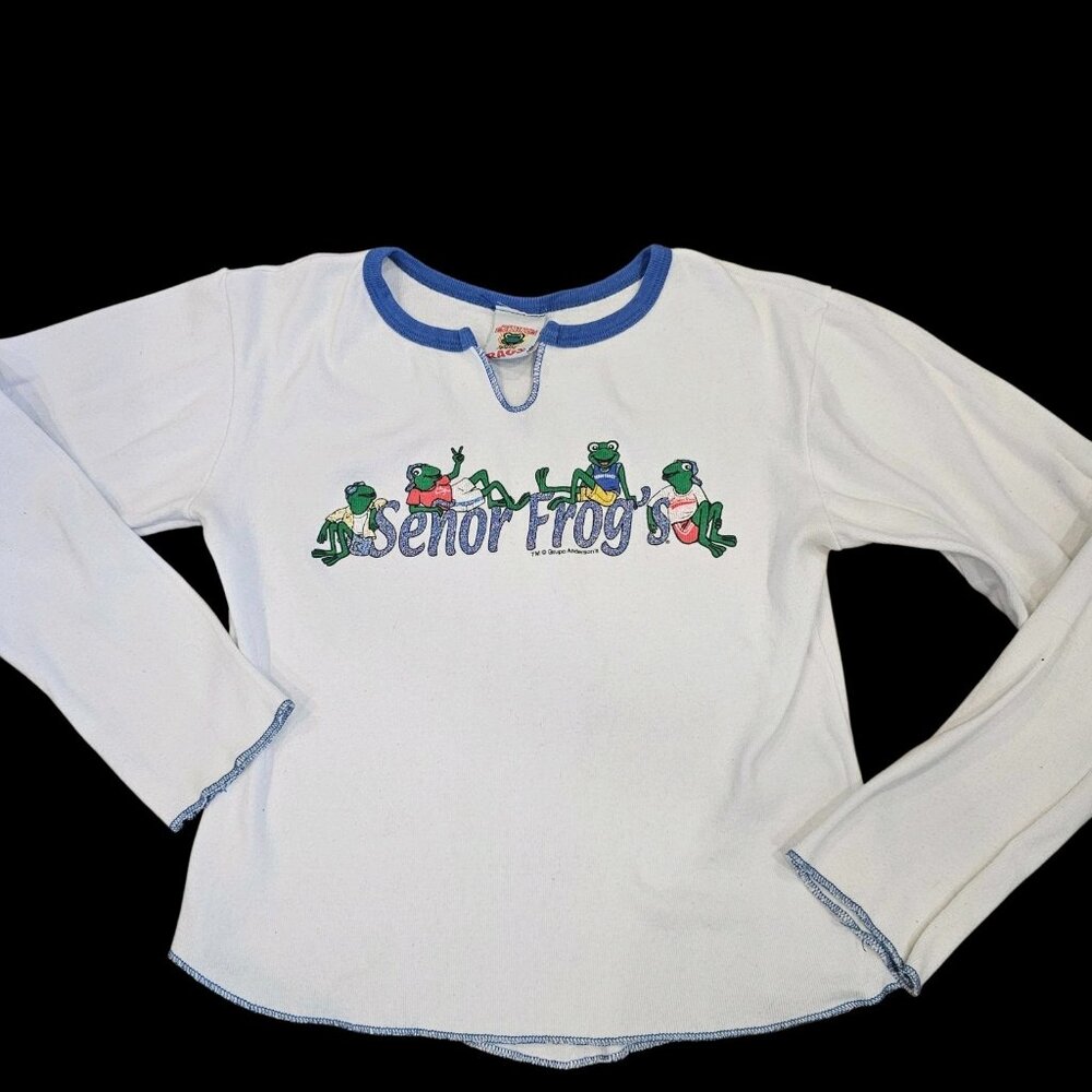 VTG Senor Frogs Womens Longsleeve Graphic Tshirt White Sz‎ M Cancun Mexico Party